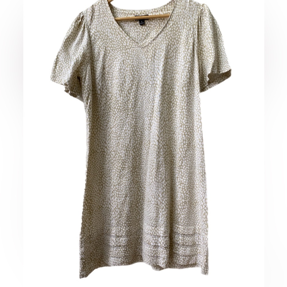 Nicole Miller Original Linen Beige White Dress Size Med EUC Flutter Sleeve Hem